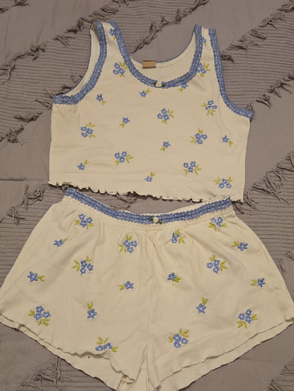 Women's Floral Cropped Pajama Set - Blue/White